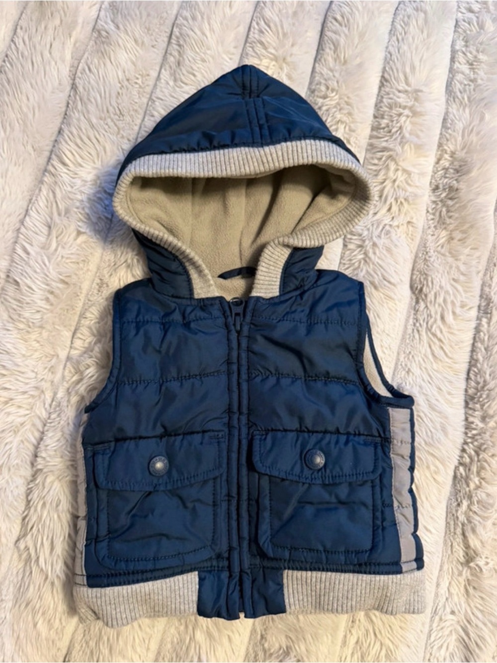 Old Navy Navy Hooded Puffer Vest with Gray Trim